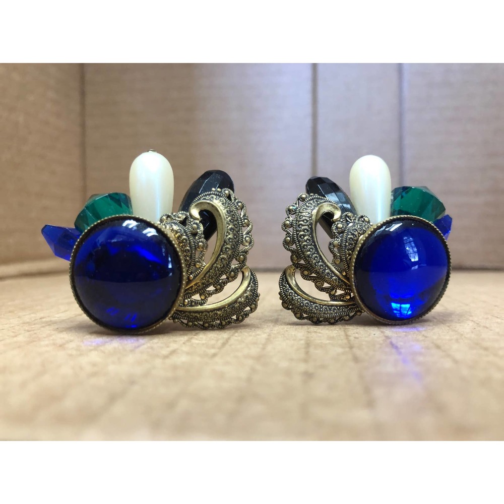 Vintage Clip On Earrings Peacock Ornate Blue Green Pearl Elegant
